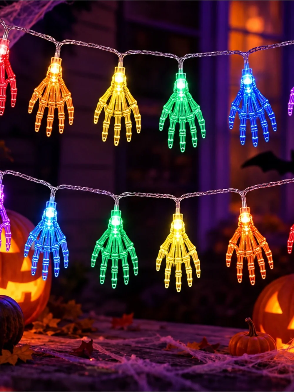 Battery-Powered Halloween Skeleton Hand LED String Lights - Multicolor